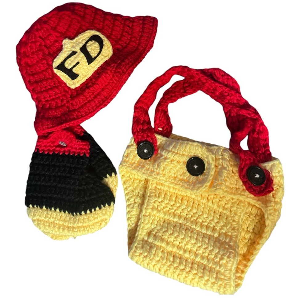 Newborn Homemade Crochet‎ Knit Fireman outfit, Photo prop